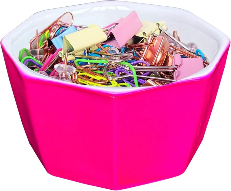 LEAZUL Ceramic Paper Clip Holder With Shiny Gold Line Geometric Floral Paper Clip Dispenser for Desk Cute Paper Clip Organizer Office Binder Clip Holder Gift for Office (Hot Pink) - Image 1